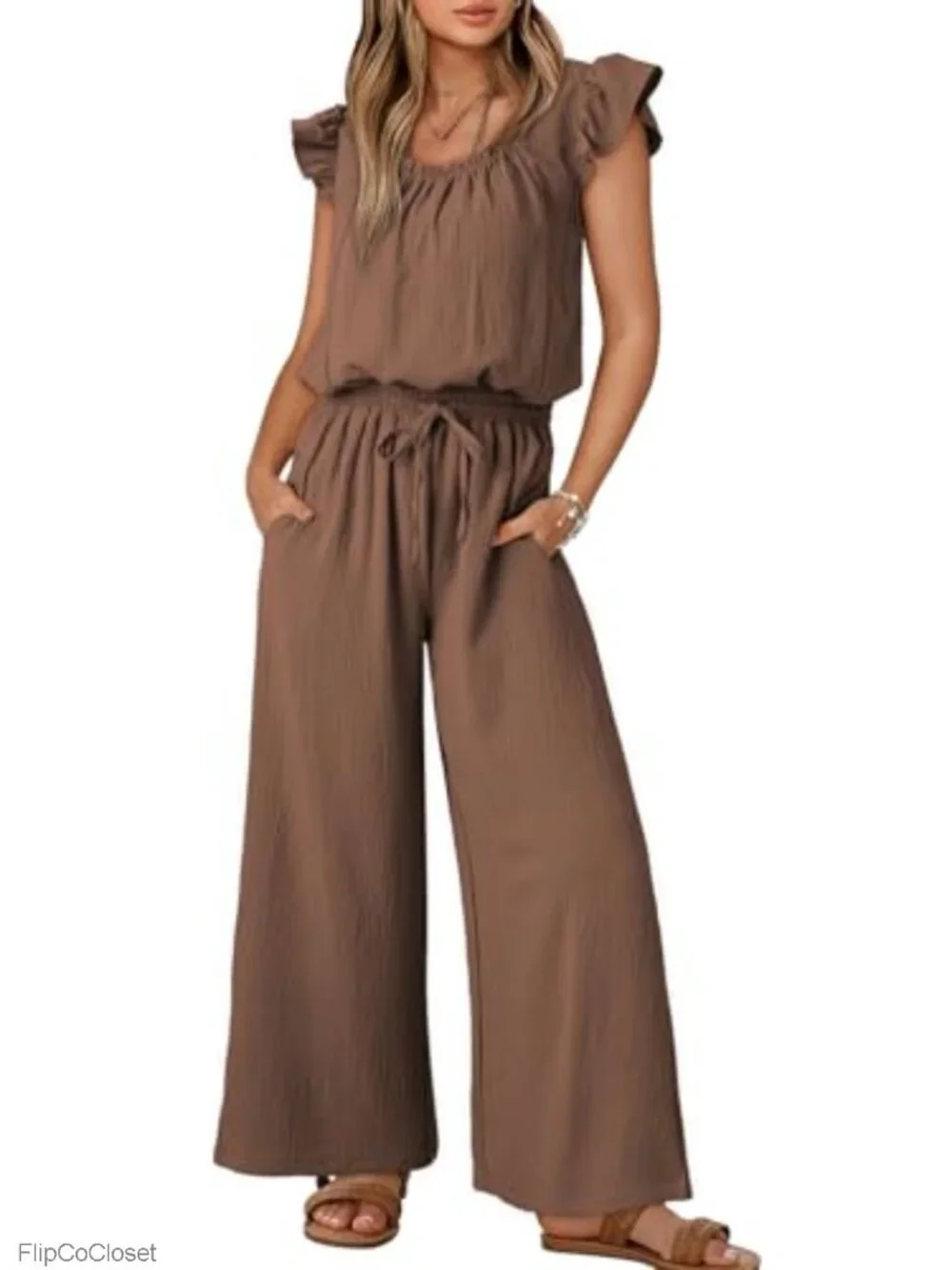 Dokotoo Womens Summer Jumpsuit Square Neck Ruffle Sleeve Wide Leg Romper